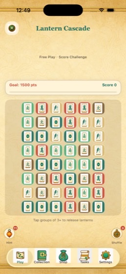 Lantern Cascade free-play mode with mahjong tile matching grid