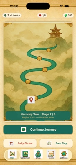 Atlas route map with winding teal path through misty mountains toward a pagoda summit