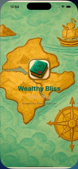 Wealthy Bliss Mahjong splash screen with atlas of fortune theme