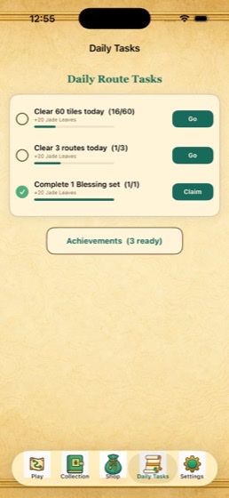 Daily route tasks screen with achievement progress tracking
